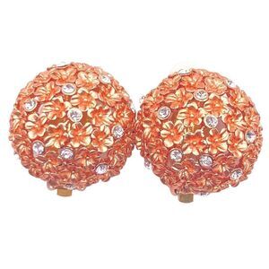 Rose gold floral rhinestone round puff clip on earrings